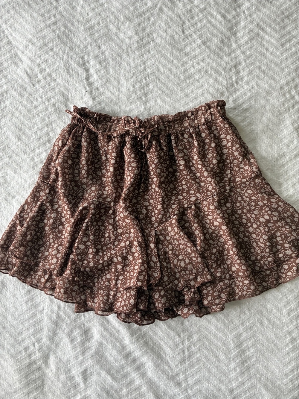 Brown Floral Ruffle Skort with Drawstring Waist